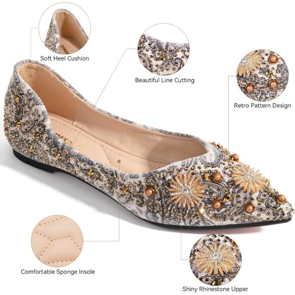 🆕Women's Gold Flats Shoes Comfort Ballet Outsole Ankle Strap Shoes - Picture 2 of 7